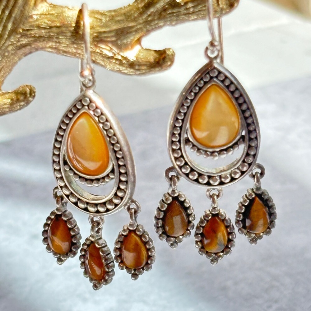 Vintage Sterling Silver MOPTigers Eye Dangle Earrings Signed 925A - 2"